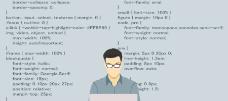 Illustration af en mand, der sidder ved en computer og koder. Kodning vises omkring ham.