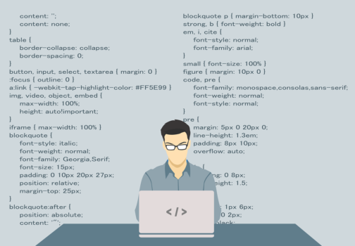 Illustration af en mand, der sidder ved en computer og koder. Kodning vises omkring ham.